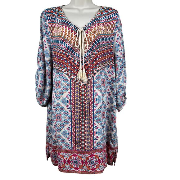 Tolani Tunic Dress Silk Floral Geometric Large Blue Red Luxury Boho Chic Peasant - Picture 1 of 16